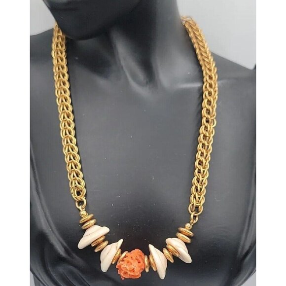 Miriam Haskell Puka Shell Raw Coral Necklace Vintage 15" Gold Tone Wheat Chain - Picture 1 of 16